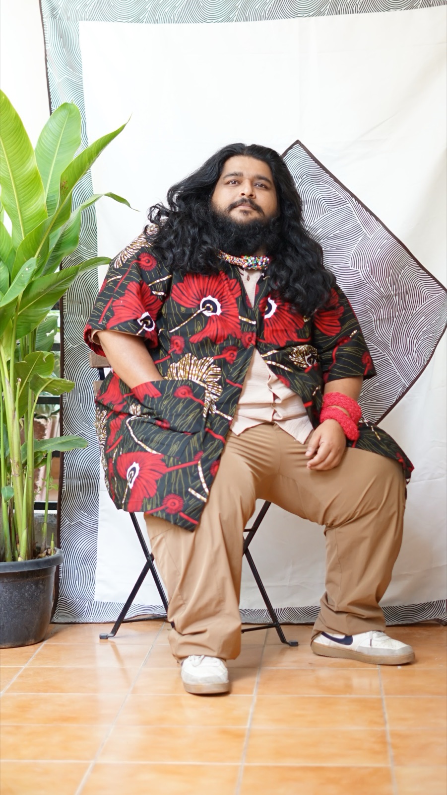 The floral kimono, model sitting tall